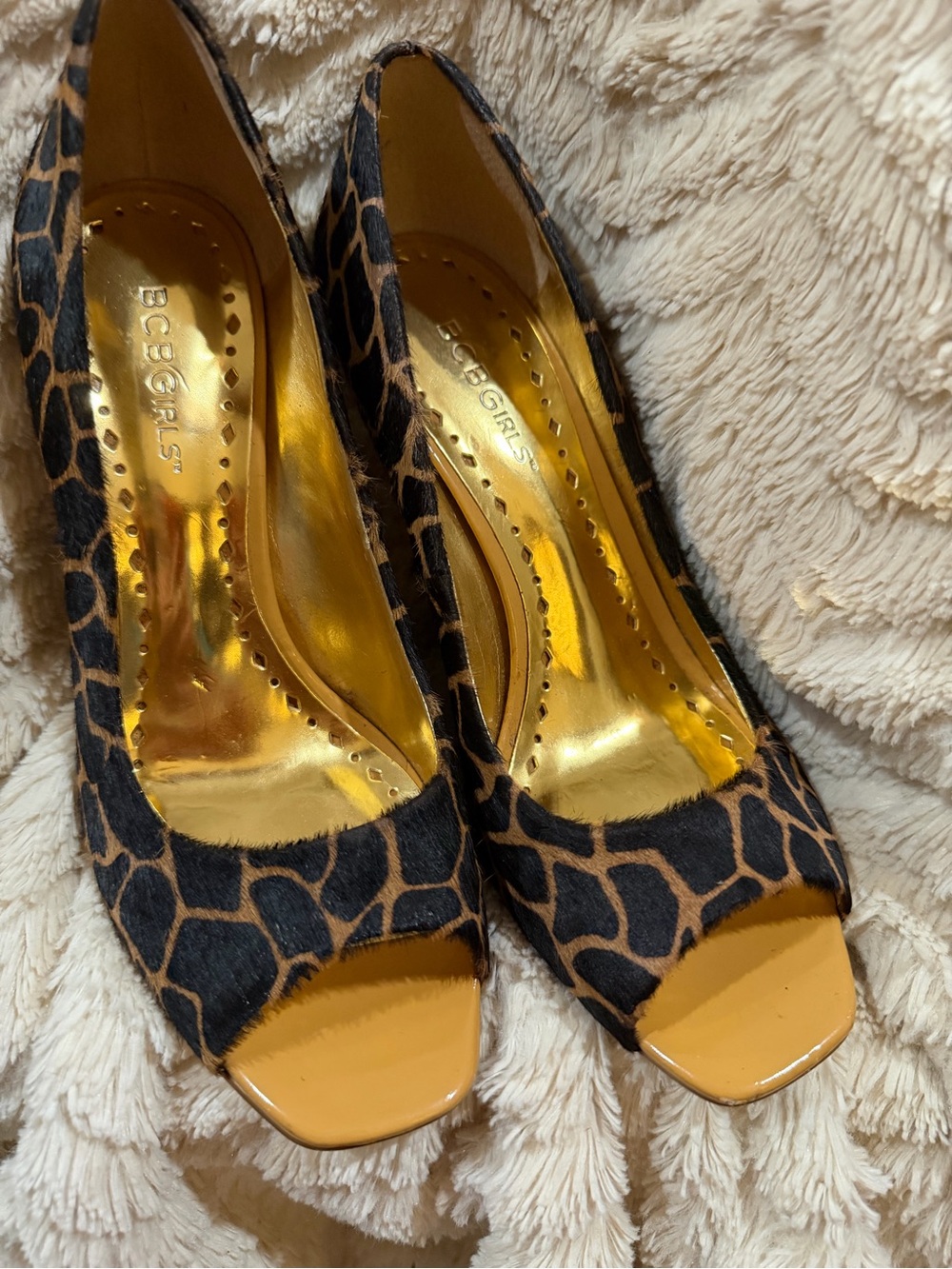 BCBG Giraffe-Print Peep-Toe Heels with Tan Patent Toe